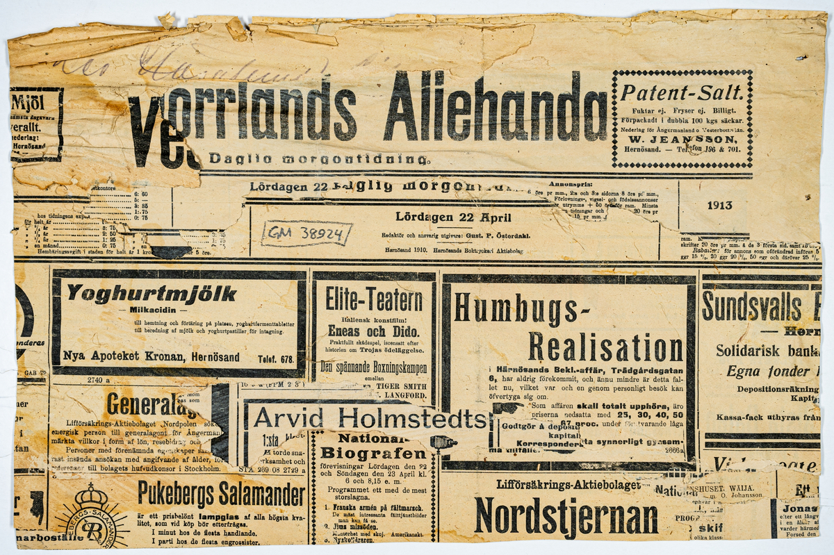 Reklamannons i Stockholm Dagblad från 1925, tryckt intygstex, bild på Paul von Hindenburg.
Baksida med allehanda annonser från Norrlands Allehanda.