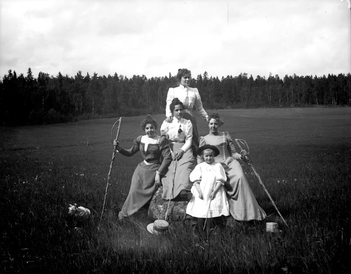 Bilden är troligen tagen på Sätra äng i Danderyd av Axel Pehrson som bodde eller hade sommarställe i "Sjöstugan". Sjöstugan var en mindre villa som låg vid Sätra äng.
Glasplåten låg i ett kuvert som hade bildtexten:
"På "Räfängen", vägen till Danderyd den 25 juni 1899."