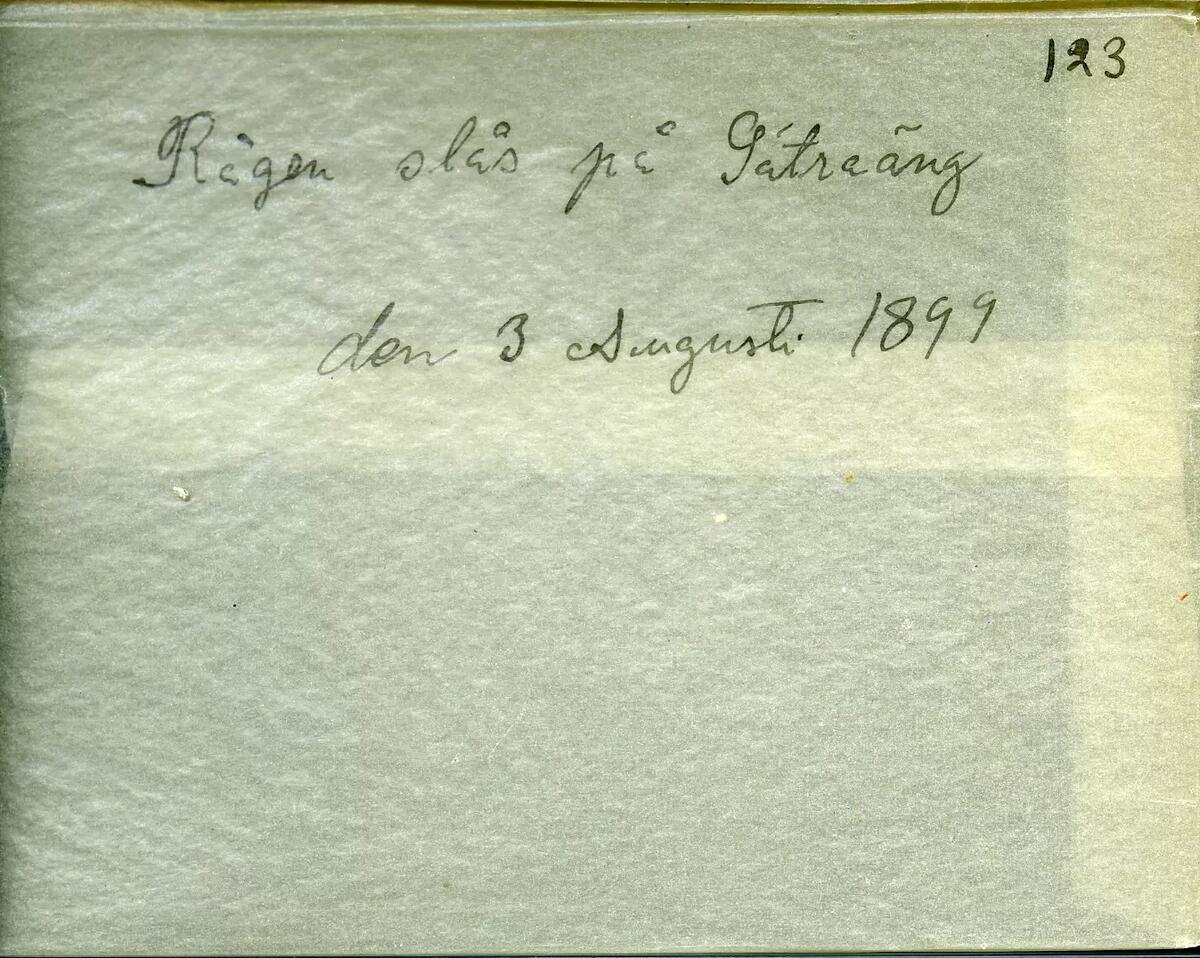 "Rågen slås på Sätraäng. Den 3 augusti 1899."
Fotot troligen taget av Axel Pehrson, sommargästvid Sjöstugan, Sätra äng, Danderyd."
