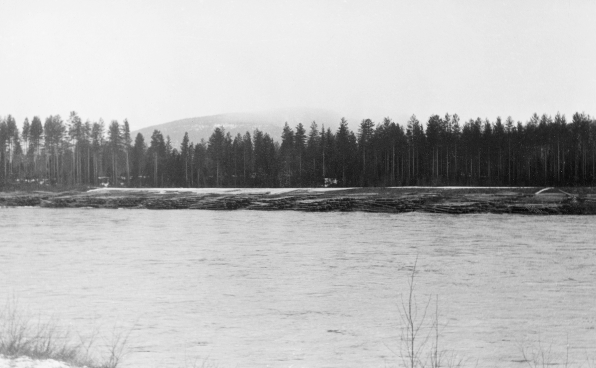 Tømmervelter ved Nabben i Stor-Elvdal, på Glommas østre bredd, like nord for elva Netas innløp i elva, i 1937. Fotografiet er tatt fra den andre sida av det brede, stilleflytende elveløpet. Tømmeret var tillagt i lave strøvelter, der stokkene lå tett og parallelt med strømretningen, vinkelrett på mellomliggende strøstokker, som skulle sørge for lufting, og dermed bidra til at tømmeret fikk en forsiktig tørk før fløtingssesongen startet. Dette reduserte faren for at stokkene skulle synke på sin lange ferd nedover vassdraget. Fotografiet ble tatt i slutten av april, kort tid før fløtingssesongen skulle starte.