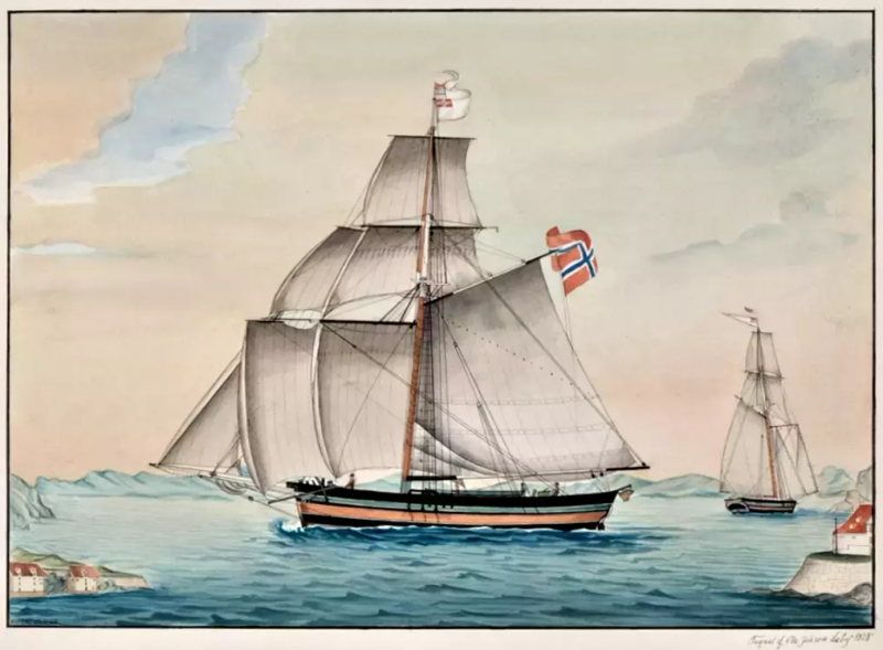 Colored drawing of a sailing ship on a calm sea. The sloop runs under full sail and has a flag behind and at the top of the mast. Mountains on the horizon and some buildings in the foreground. Another sailing ship is seen behind to the right of the main subject: the sloop Restoration.