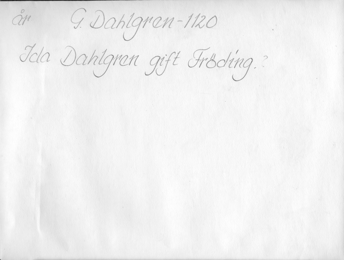 På kuvertet står följande information sammanställd vid museets första genomgång av materialet: Ida Dahlgren gift Fröding