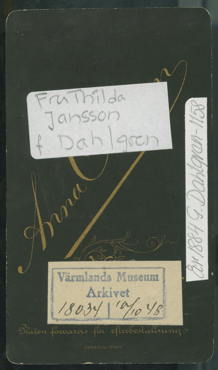 På kuvertet står följande information sammanställd vid museets första genomgång av materialet: Fru Hilda Jansson f. Dahlgren
