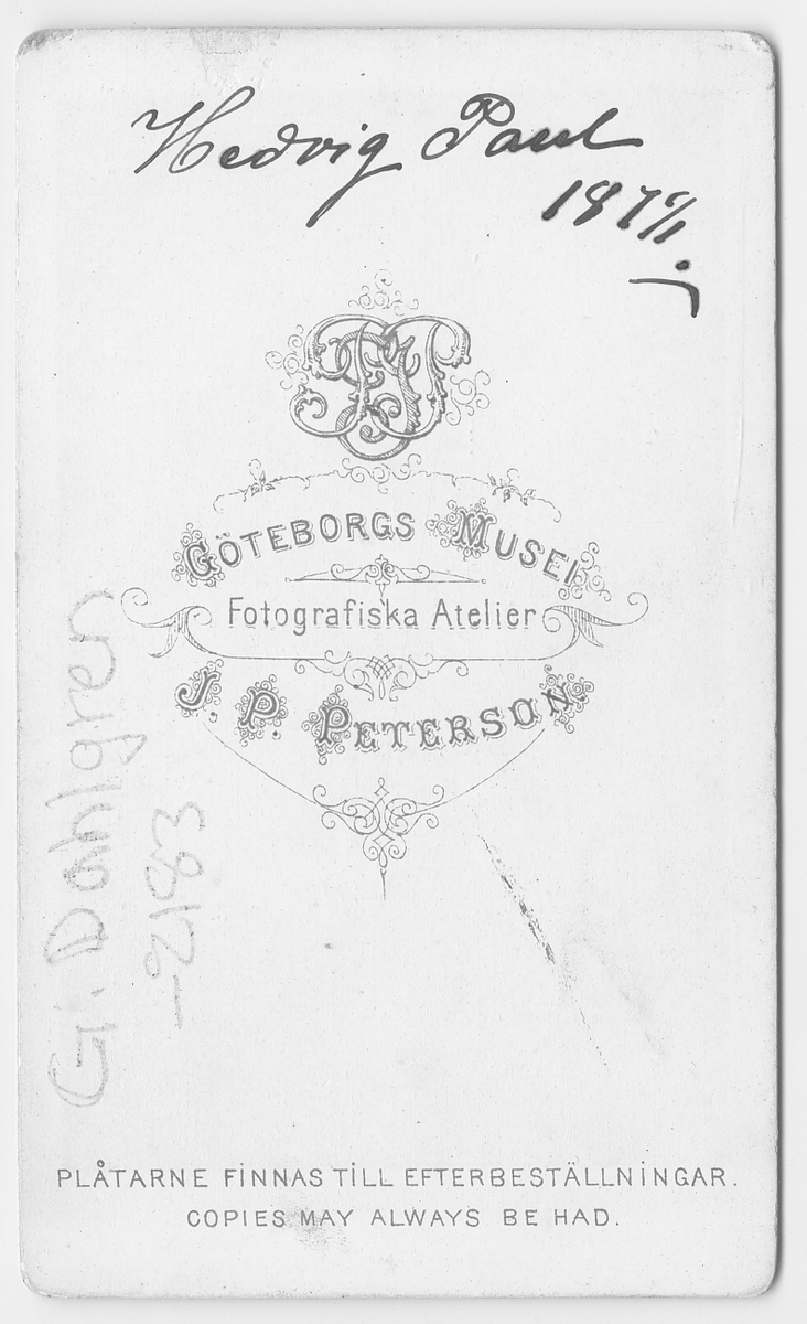 På kuvertet står följande information sammanställd vid museets första genomgång av materialet: Hedvid Paul år 1872
