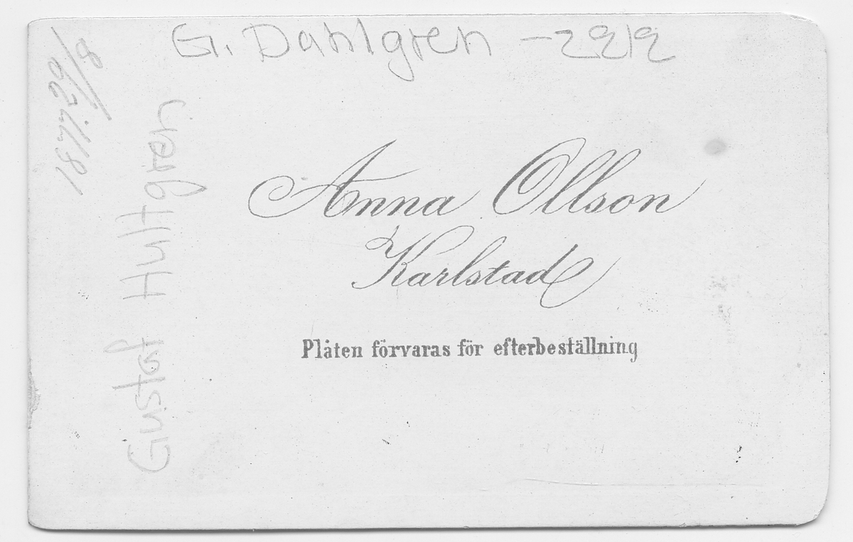 På kuvertet står följande information sammanställd vid museets första genomgång av materialet: Gustaf Hultgren år 1877