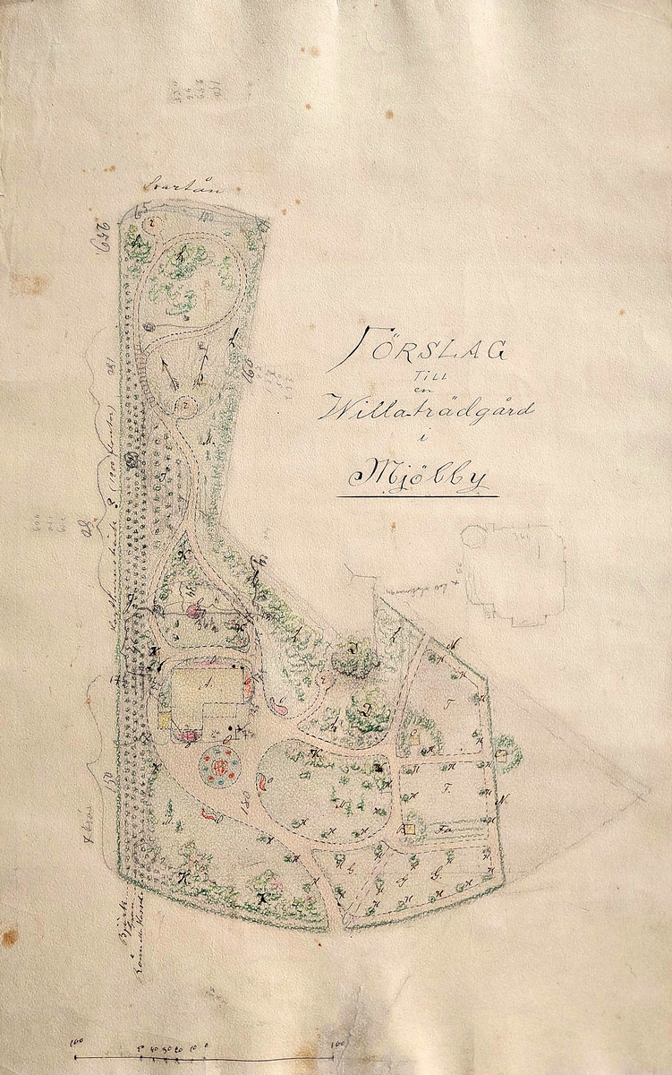 Trädgårdsritning framställd av länsträdgårdsmästaren Gustaf Lindén; Förslag till en Willaträdgård i Mjölby. Odaterad. 
Platsen har inte lokaliserats.