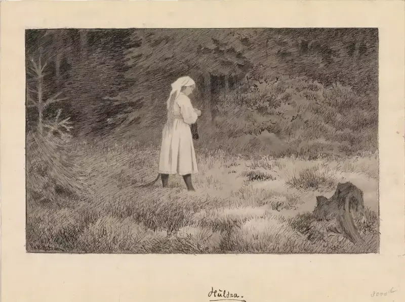 Blyanttegning av huldra. Illustrasjon: Theodor Kittelsen.