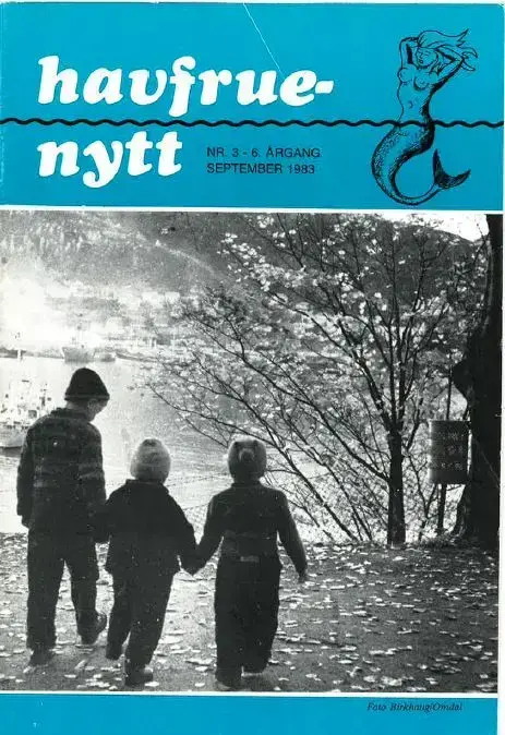 Bildet viser en forside. Det står havfrue-nytt øverst, over to linjer og med en strektegning av en havfrue ved siden av. Det står nr. 3 - 6. årgang, september 1983. Bakgrunnen er turkis.