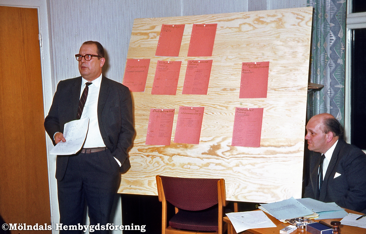 Mölndal, år 1966. Möte med valledningen. Nils Cederhök var valledare och Gunnar Gunnarsson (sittande) var ordförande i samarbetskommittén för folkpartiet, centern och högern.