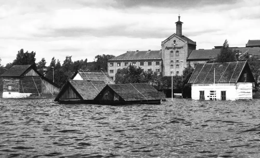 Fem tømmerbygninger står delvis under vann. Over takene ses tauverk som bygningene er tjoret fast med. Mye vann i forgrunn. I bakgrunnen står en stor murbygning med pipe: Hamar bryggeri.