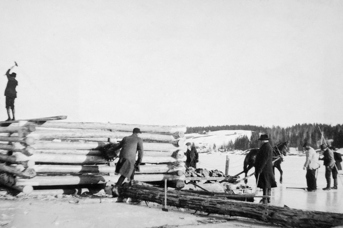 Bygging av lensekar på innsjøen Øyeren i Akershus, antakelig omkring 1920.  Fotografiet er tatt på isen vinterstid.  Til venstre i bildet ser vi lensekaret, ei noenlunde kvadratisk tømmerkiste i mannshøyde.  Den er utført i rundtømmer som er hogd sammen i hjørnene.  Da fotografiet ble tatt sto det en mann oppå kista og slo på plass ei stang ved hjelp av ei lita slegge.  Foran tømmerkista, ved to framkjørte, barkete tømmerstokker, sto to frakkekledde menn.  Den ene ser ut til å ha vært i bevegelse da fotografiet ble tatt, mens han holdt den ene armen inn mot lensekaret.  Til høyre for den nybygde trekonstruksjonen sto det fire karer og en hest.  Hesten var forspent en slede med stein, som antakelig skulle kastes oppi tømmerkista, som utgjorde ramma i lensekaret.  På med slikt tungt og kantete fyllmateriale ville konstruksjonen etter all erfaring stå stabilt.  I bakgrunnen til høyre ser vi en bakkekam med et gardstun omgitt av snødekte jorder og mørk barskog. 