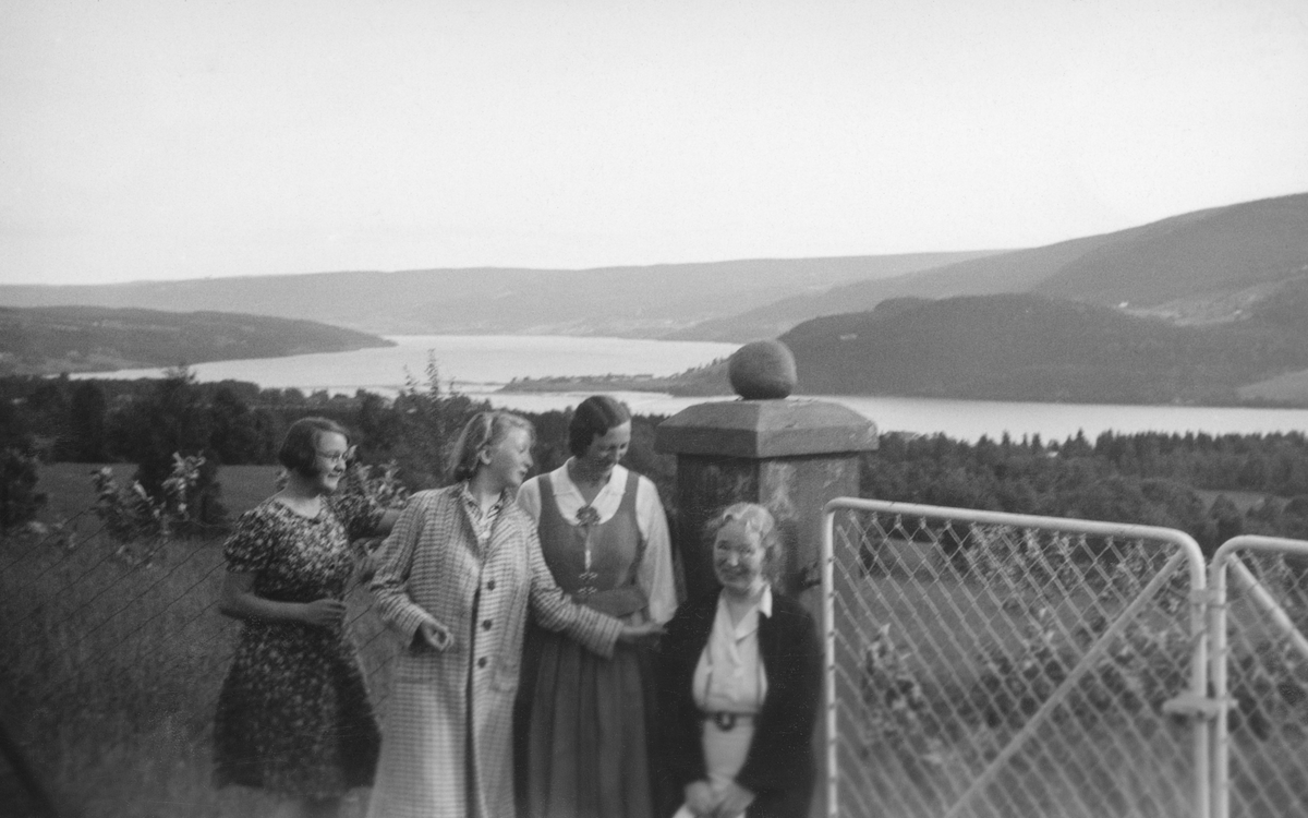 Guri er sammen med tre damer ved ei grind og god utsikt over Mjøsa