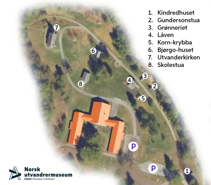 Nummerert kart over bygningene på Norsk Utvandrermuseums friluftsområde