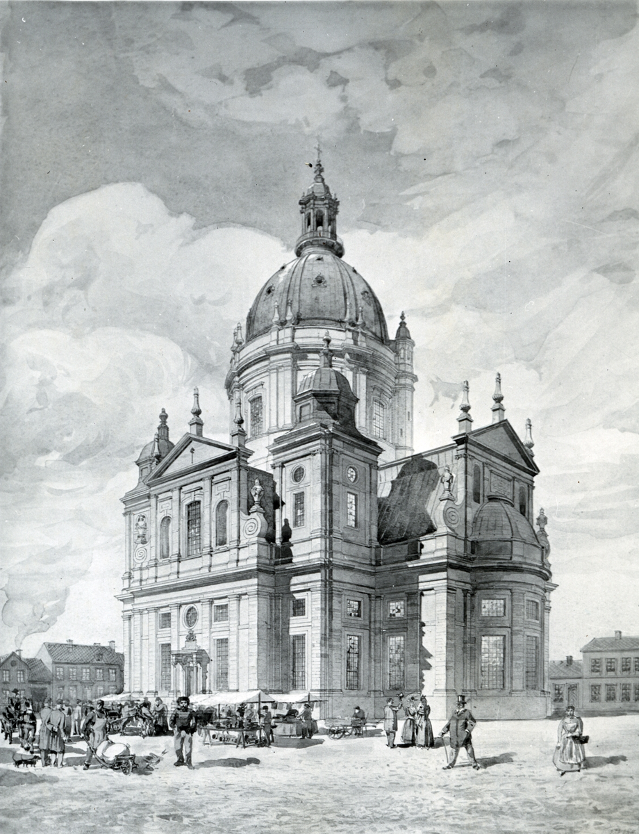 Förslag till domkyrkans komplettering med kupol. Folke Zettervall omkring 1900.
