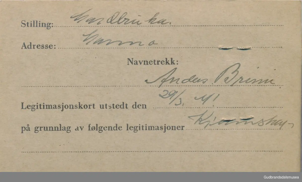 Anders Brimi, f. 1893
ID-kort utstedt 1941, Lom