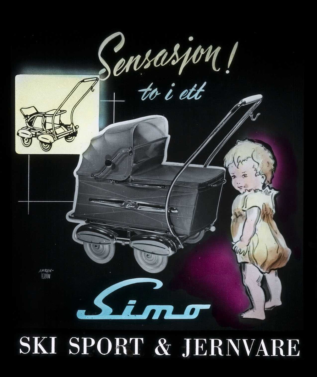 Kinoreklame fra Ski for Simo barnevogn. Sensasjon - to i ett. Ski sport & jernvare.