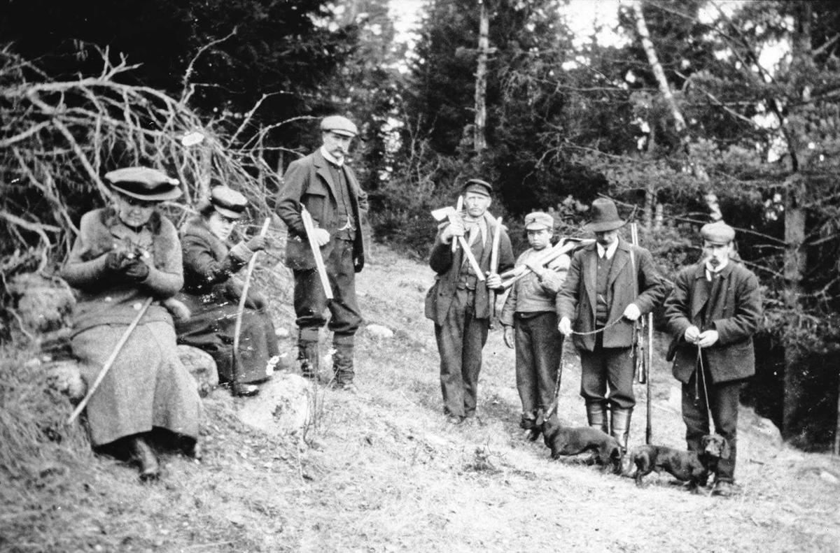 3 jaktkledde herrer med hagle og 2 hunder, 2 kvinner med vandrestav og en mann og en gutt i arbeidstøy samlet på tur i skogen. Losby.