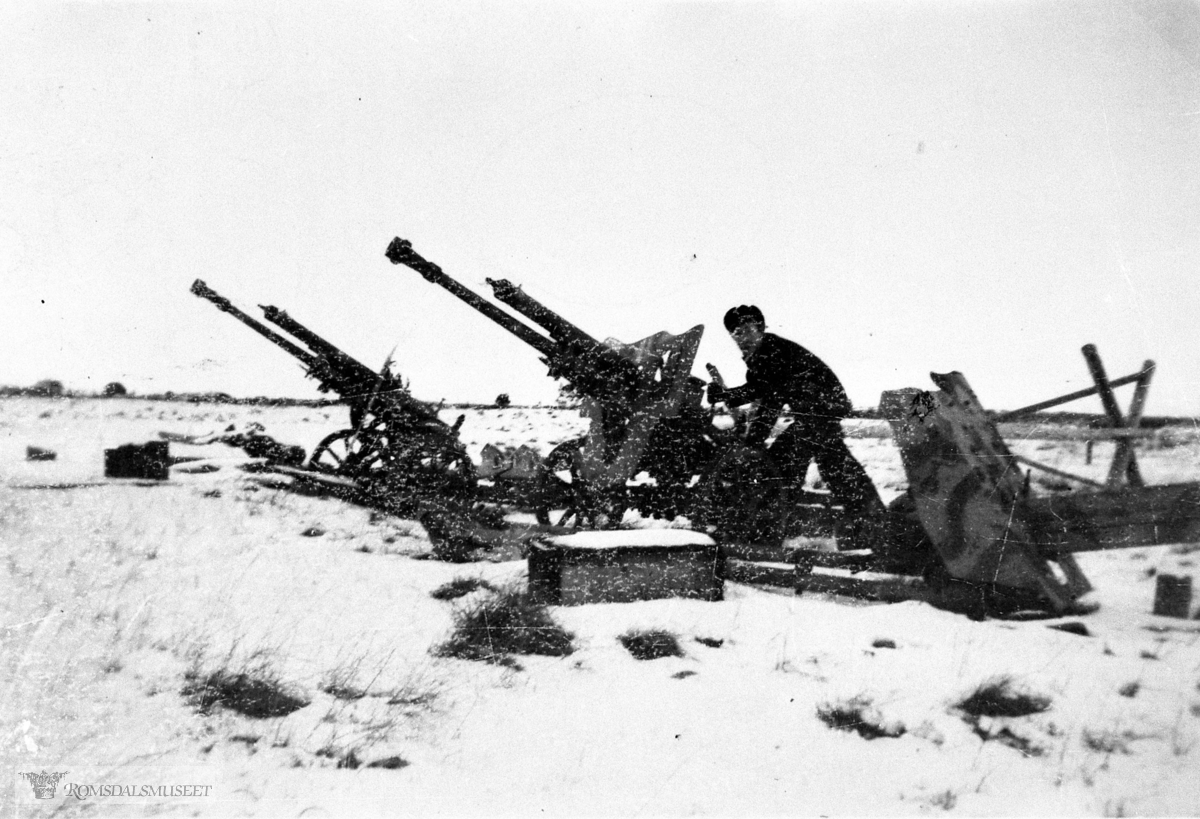 Mobile kanoner en stand på flyplass området..Kanonene er Tjekkiske anti tank kanoner av typen: Skoda 47mm kanon P.U.V. vz.36 ,eller som Tyskerne kalte de etter at de var tatt som krigsbytte: 4,7cm PaK 36(t)