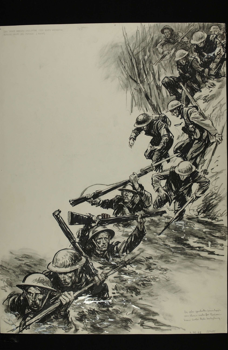 De irske gardister unnslipper over elven nedenfor Furunesbroen under tysk beskytning. Kampene i Norge, bind 2, side 139.
