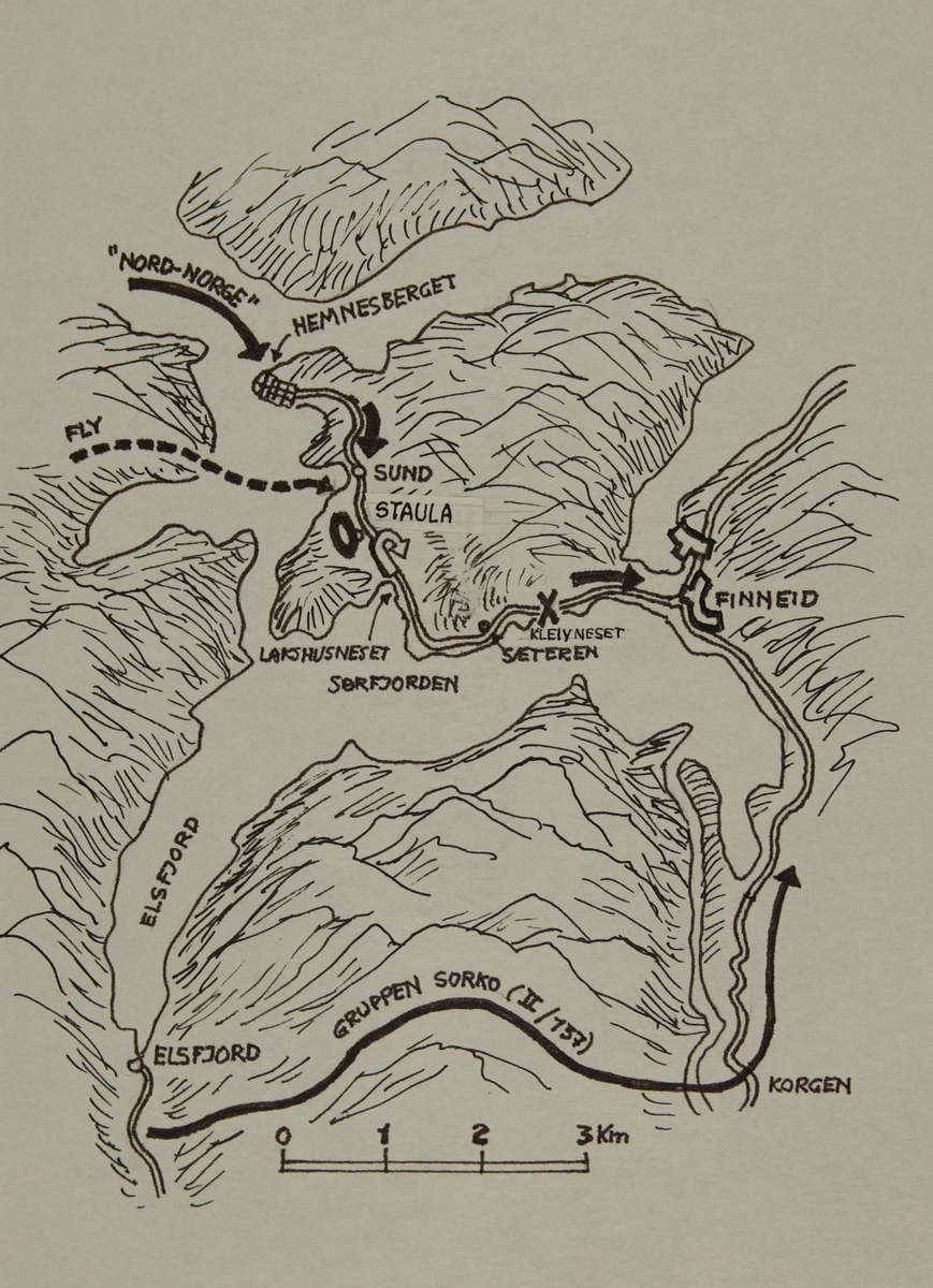 Kart over området Elsfjord - Finneid - Korgen. Kampene i Norge 1940.