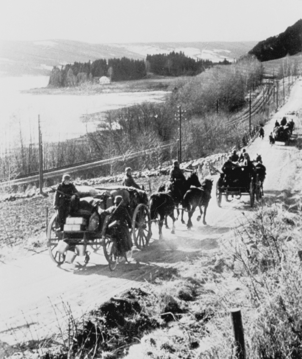 Tyske soldater på fremmarsj gjennom Ringsaker den 23. april 1940. Hester med vogner. Her på riksveg 50 på like ved Freng stasjon på Brøttum.