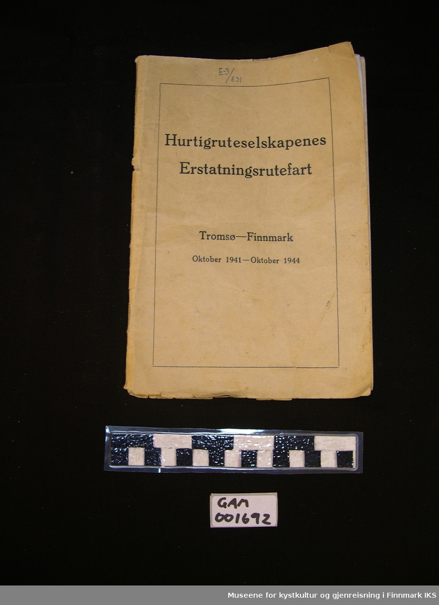 Einar B. Larsen: Hurtigruteselskapenes Erstatningsrutefart. Tromsø - Finnmark. Oktober 1941 - Oktober 1944. Utarbeidet av Einar B. Larsen, skipsfører i V.D.S. Ingen opplysninger om utgivelsesår og sted.