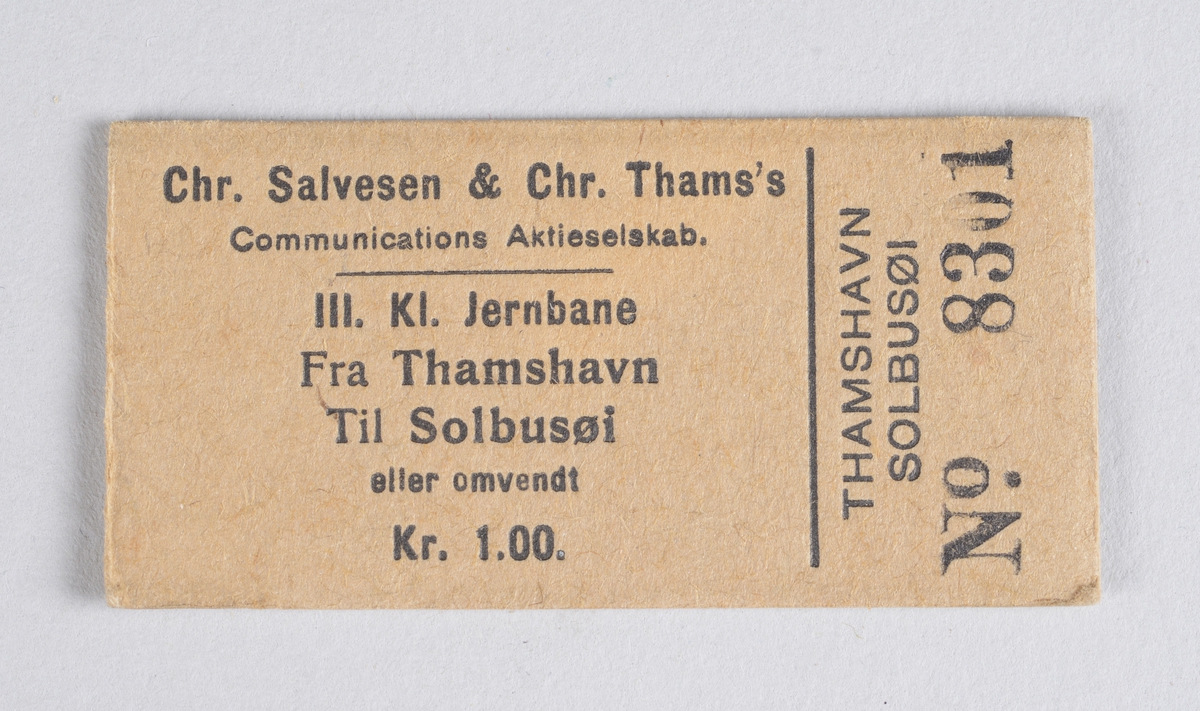 Rektangulær billett i papp for reise ved Thamshavnbanen.