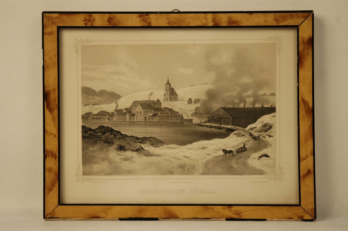 Landkapsbilde som viser smeltehytta, kirka og noe av trehusbebyggelsen i bergstaden Røros