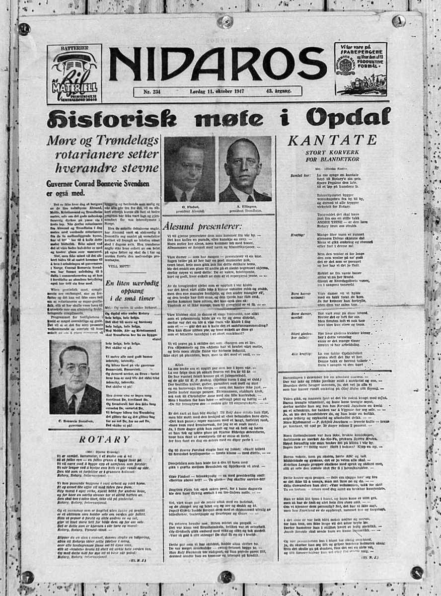 Forside på avisa Nidaros i forbindelse med er Rotarymøte på Oppdal
