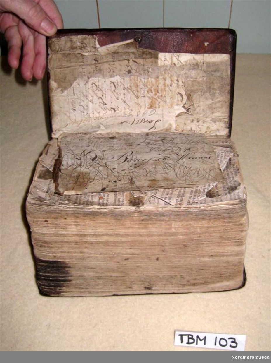 Bibelen er svært medtatt. Mange ark er samanklistra. Tittelblad med trykkingsdato manglar. Solid skinnbind med restar etter reimene som har halde boka saman. Trykktypana og bokstavane gjer at boka kan vere frå 1700-talet.
Gotisk skrift.