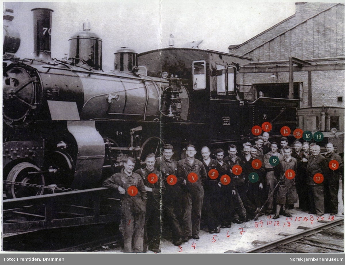 Nyoppusset damplokomotiv type XXIIIa nr. 70 opplastet på spesialvogn på verkstedet Sundland før forsendelse til Jernbanemuseet, med verkstedarbeiderne oppstilt foran