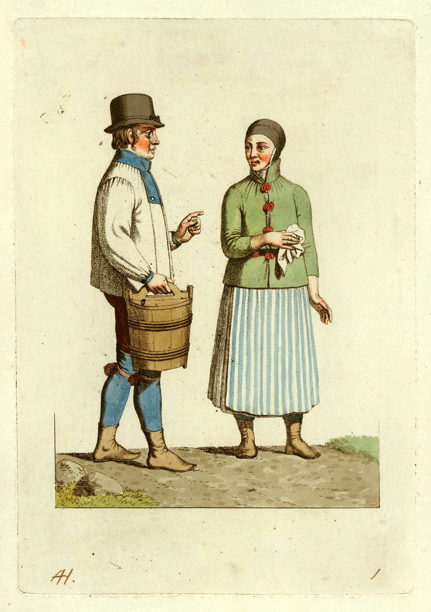 Mann og kone i folkedrakter fra Snåsa, Nord-Trøndelag, han med et lagget kar med hank i hånden, hun med et tørkle.