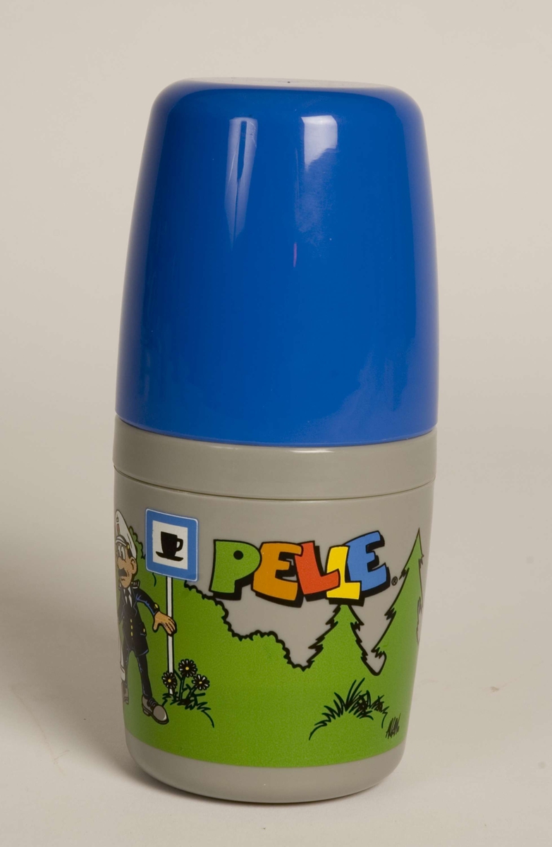 Termosen er dekorert med motiv fra barne-tv-serien Pelle Politi.
Termosen består av tre deler: beholder, kopp, skrulokk