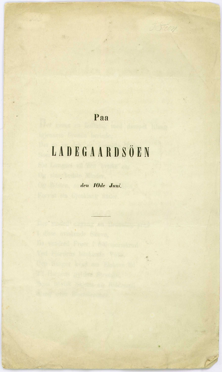 Oppstillingsliste: " Flyveblad / Papir / Henrik Ibsen: Paa Ladegaardsøen den 10de Juni (1851)." 