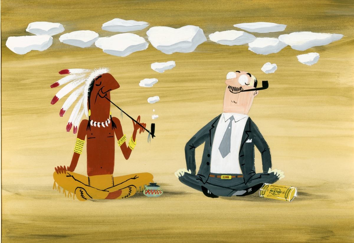 Akvarell av mann og indianer sittende og røke pipe. Ved siden av en pakke Tiedeamnns Gul Lett  Mixture 2. Humoristisk.