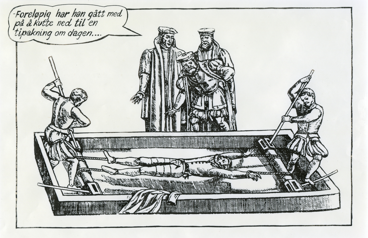 Motiv fra middelalderen av ukjent kunstner. Mann liggende i torturinstrument. Snakkeboble montert inn i motivet.