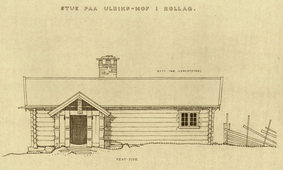 Erling Gjones tegning (1927) av stue på Ulrikshov i Rollag, Buskerud.