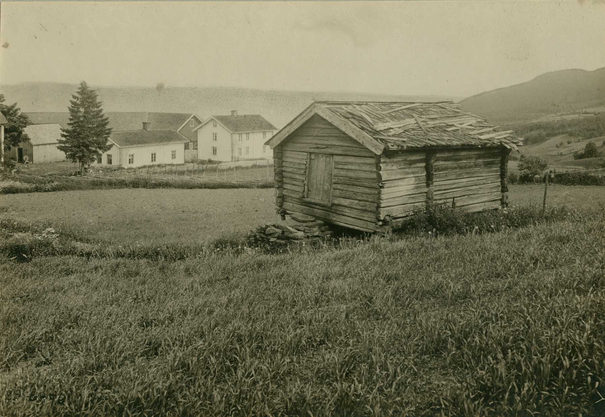"Davestuen", Brodshaug, Feiring, Eidsvoll, Akershus. Bu på et jorde og gården i bakgrunnen.