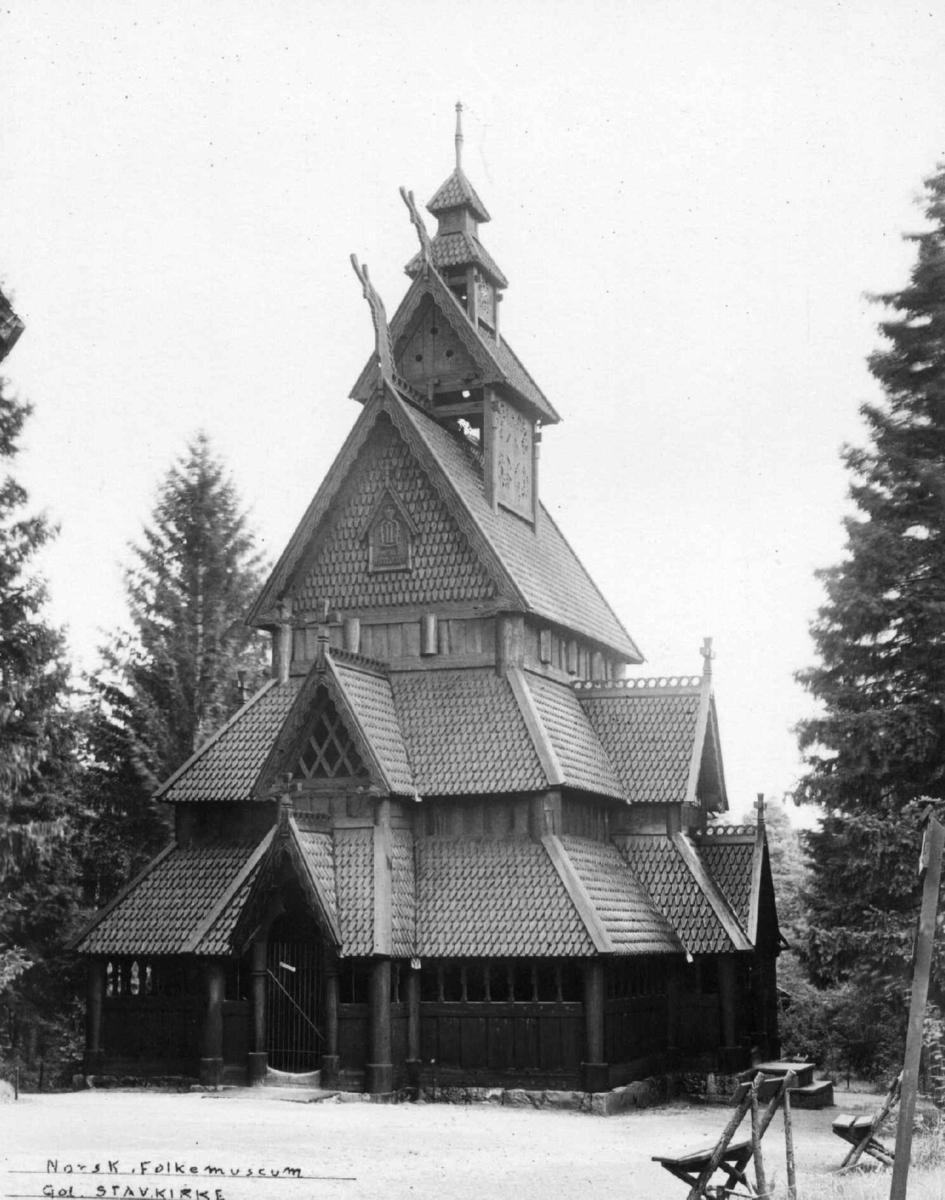 Stavkirken fra Gol, Hallingdal. Fotografert på Norsk folkemuseum (Kong Oscar IIs samlinger), 1924.