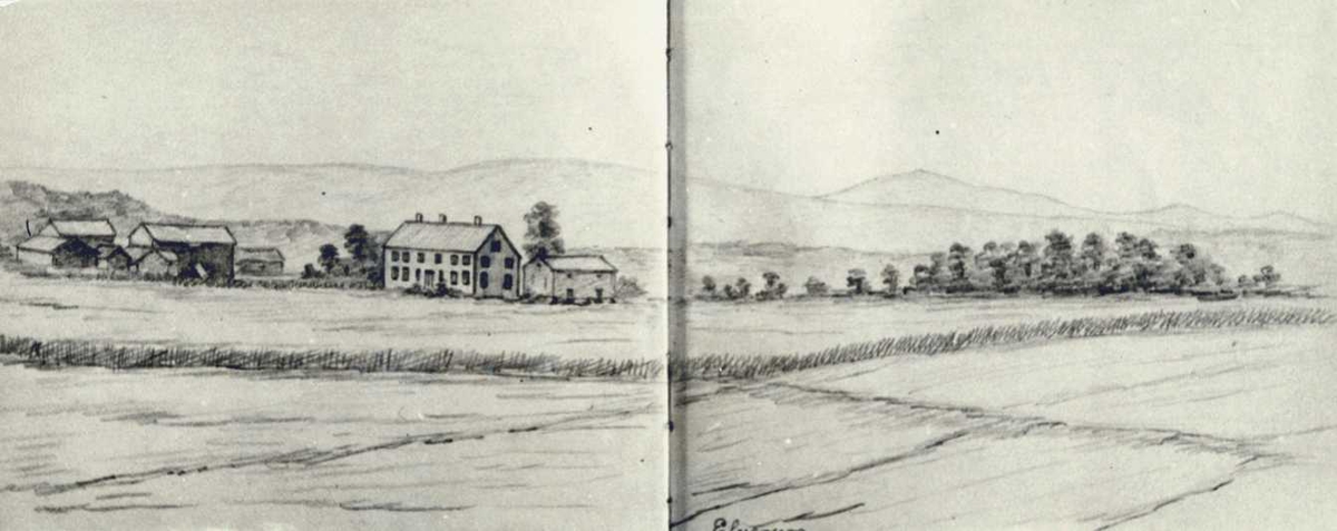 Elverum, Sør-Østerdal, Hedmark. Fotografi av tegning med motiv av landskap, jorder og gårdstun. Dr. A. Arbo's  skisserbøker 1885.