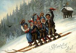 Julekort. Jule- og nyttårshilsen. Vintermotiv. Tre jenter og