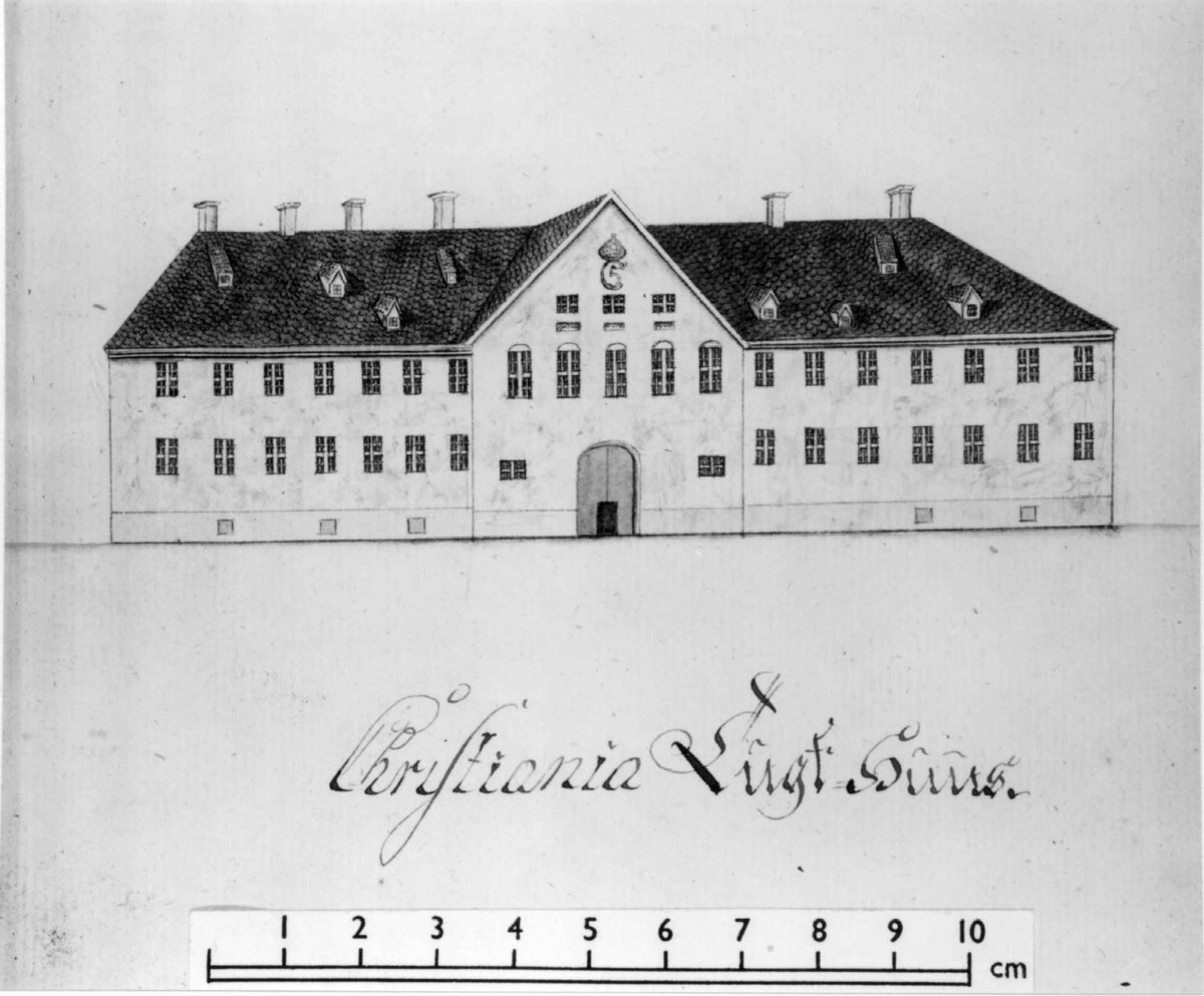 Tukthuset, Storgata 33, Oslo. Tegning av Gerhard Schøning, med skrift og målestokk. Fra "Schønings Rejse i Norge" 1773-75".