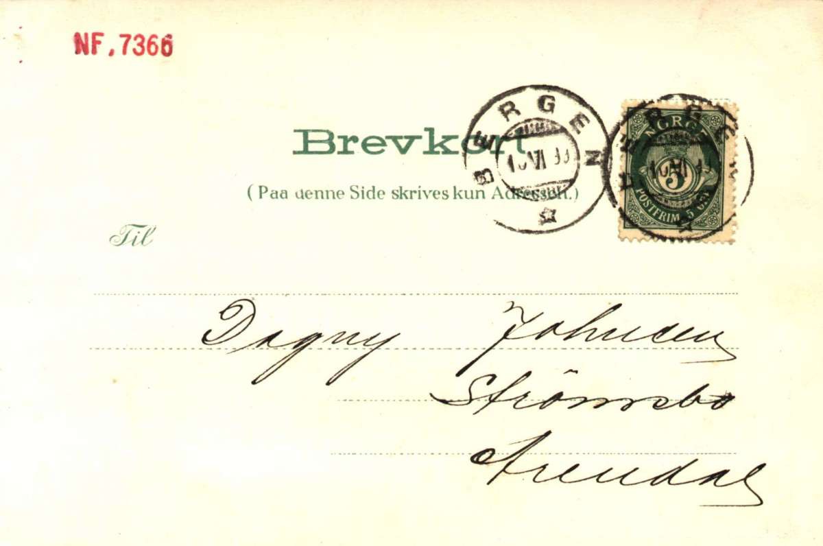 Postkort. Hilsen fra Bergen. Fantoft stavkirke, hotel Birkelund og parti over Bergen. Datert 10.06.1899
