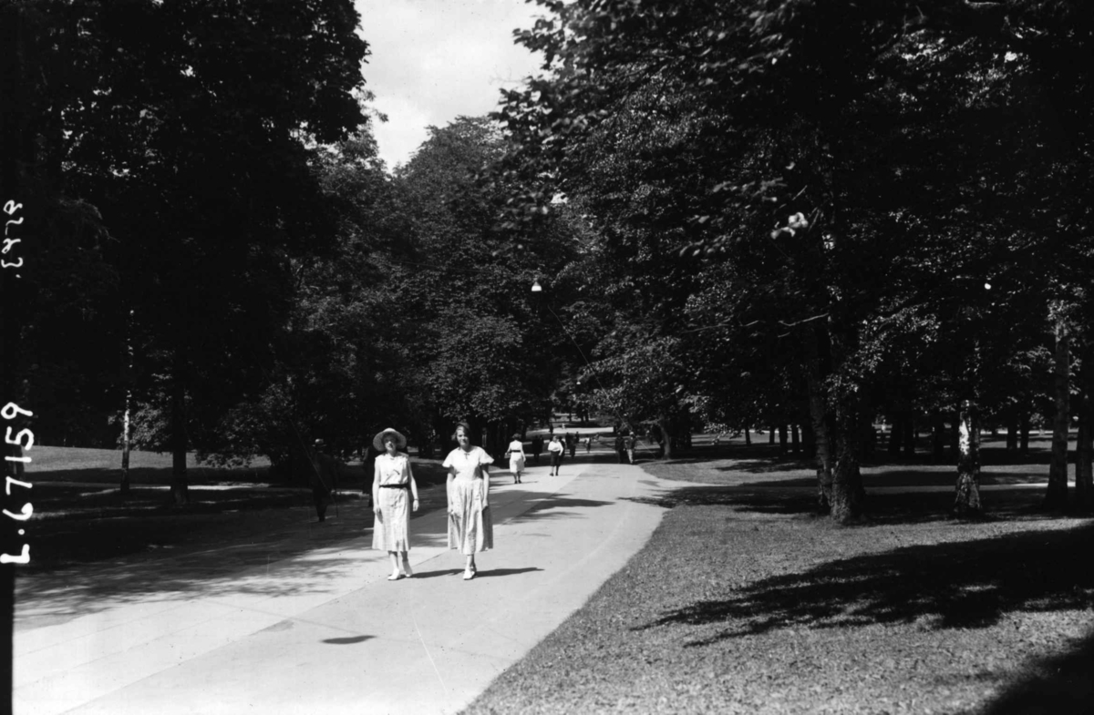 Oslo. To kvinner spaserer i en park.