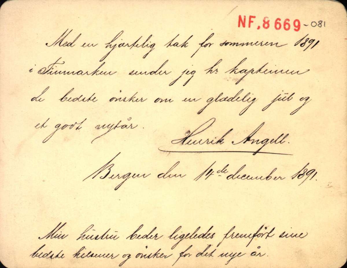 Postkort. Jule- og nyttårshilsen. Fjell og fjord. Motiv med Nusfjord og Ullsfjord i bakgrunnen juli 1891. Datert 14.12.1891.