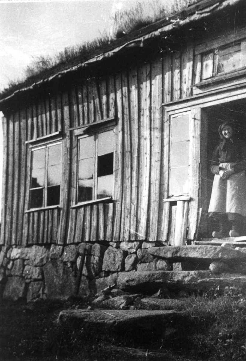 Fru Anna Ånensdatter Grostøl på i døråpningen på Grostøl. Eiken 1937.