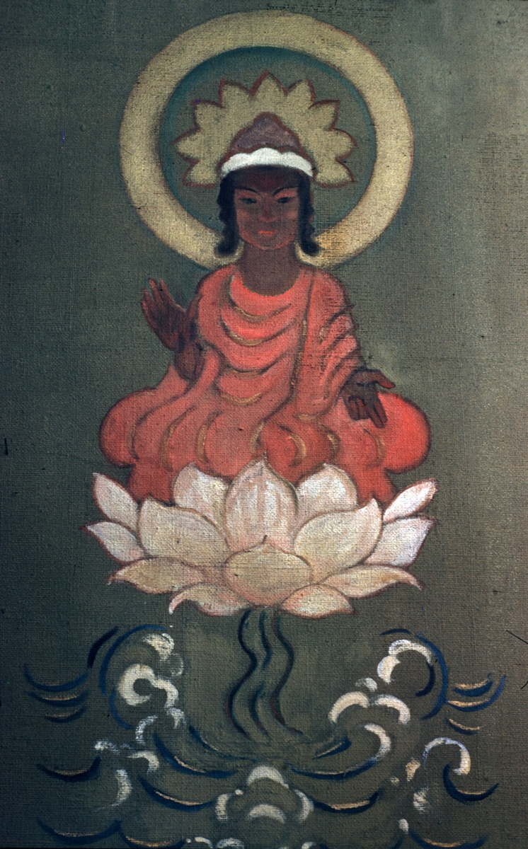 Maleri - buddistguddommen Amitaba på lotusblomst. Laget av Carl Lønseth, på oppdrag av sogneprest Strømme, til Snåsa prestegård i Nord-Trøndelag.