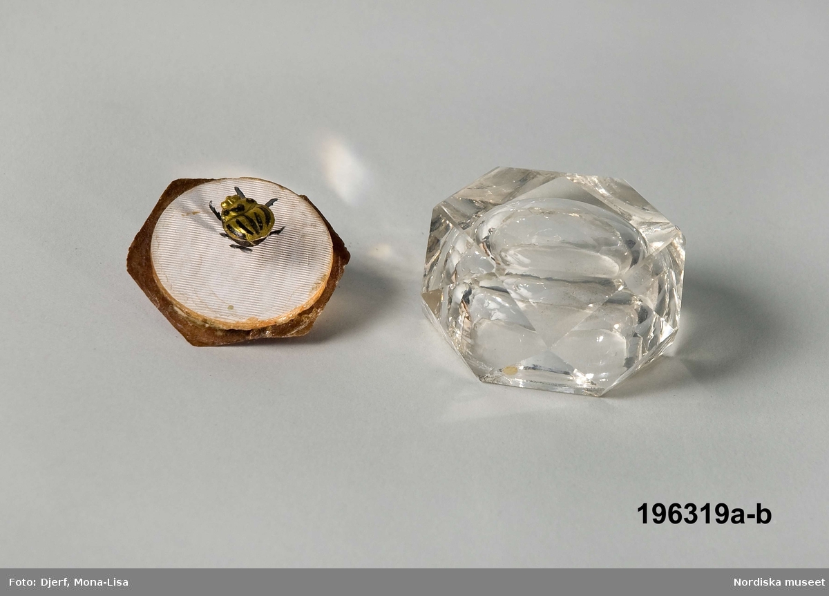 Huvudliggare:
"Spiritus, guldbagge på rund träskiva i hus av slipat glas (ett upp- och nedvänt saltkar) 
G som 196311"