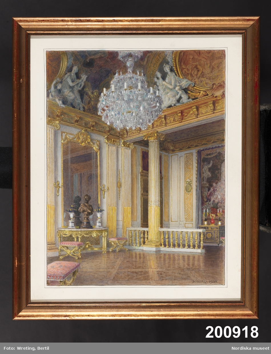 Huvudliggaren:
"Gustaf III: sängkammare, Stockholm slott; akvarell i glas och ram; sign . Boberg - 1934. G. av arkitekten Ferdinand Boberg. Stockholm 31/5 1935."