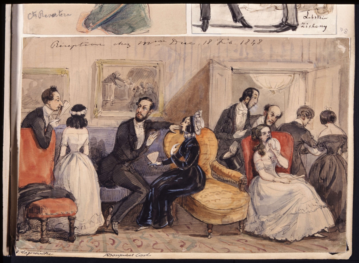 "Reception chez Mme Due, 18 Feb 1848". Akvarell av Fritz von Dardel.